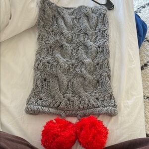 Aerie Chunky Knit funnel neck Scarf with Red Pom Poms